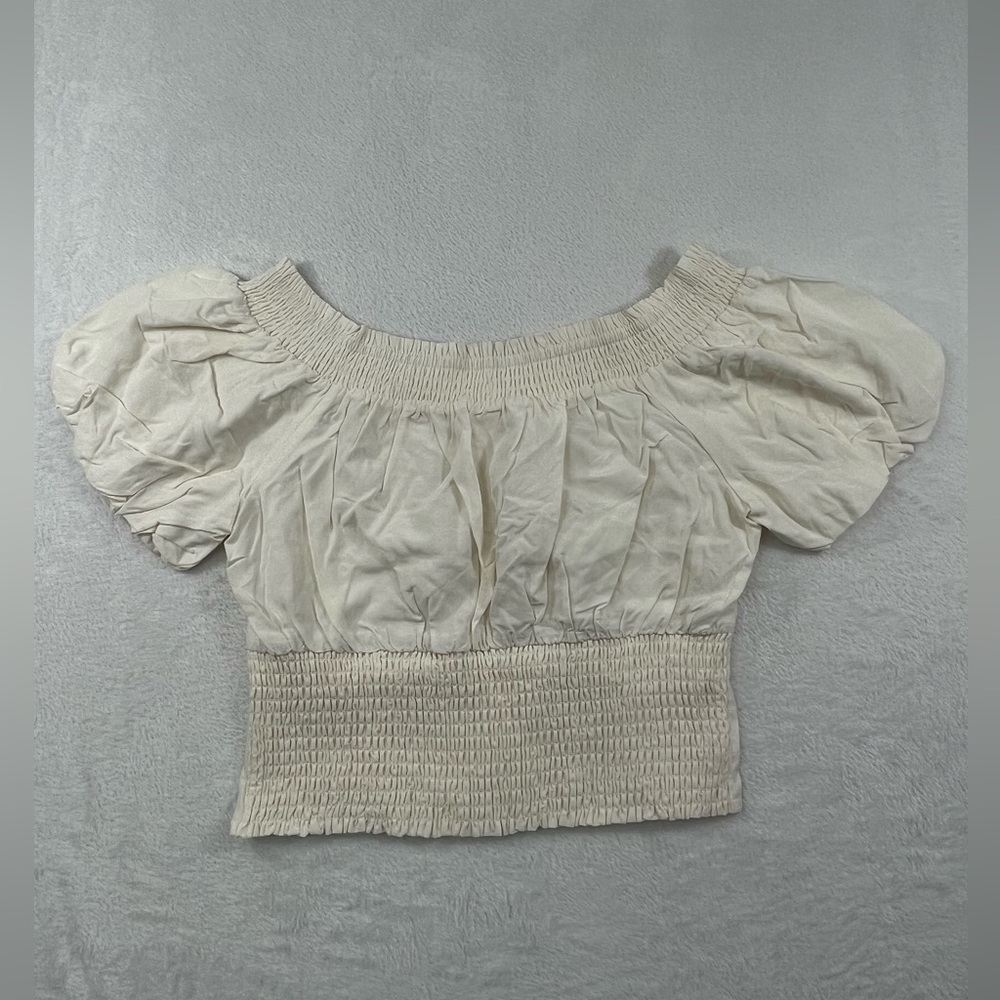 NEW ASTR‎ M White Cream Crop Top Balloon Sleeve Lyocell Linen Blend Blouse